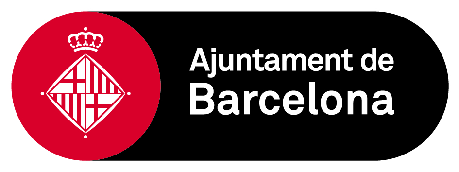 Logotip de l'Ajuntament de Barcelona. Consta d'un fons negre amb una forma arrodonida a la dreta, on apareix el text 'Ajuntament de Barcelona' en blanc. A l'esquerra, hi ha un cercle vermell amb l'escut de la ciutat en blanc, que inclou la creu de Sant Jordi i les quatre barres, coronat per una corona.